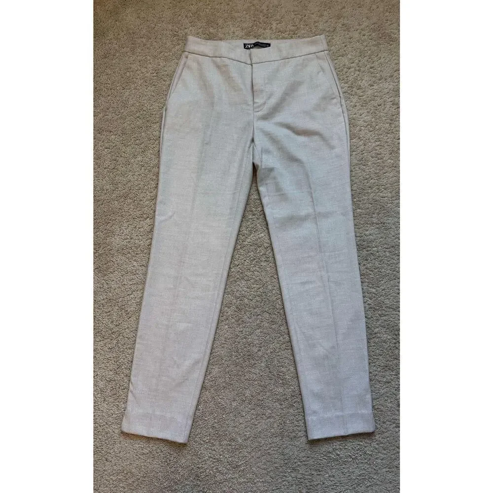 Zara Dress Pants Trousers 26” Inseam Light Beige Ankle Tapered Career Women Sz 2 - Picture 1 of 8